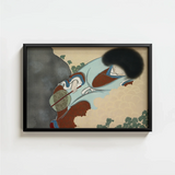 Black-framed Artwork Traditional Japanese Figure Light Blue Red Kamisaka Sekka Art, Translucent Powder-blue Robes, Leans Downward