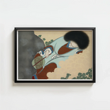 Black-framed Artwork Traditional Japanese Figure Light Blue Red Kamisaka Sekka Art, Translucent Powder-blue Robes, Leans Downward