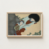 Framed Japanese-style Artwork Woman Traditional Attire Robes Afro Kamisaka Sekka Art, Translucent Powder-blue, Leans Downward