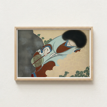 Framed Japanese-style Artwork Woman Traditional Attire Robes Afro Kamisaka Sekka Art, Translucent Powder-blue, Leans Downward
