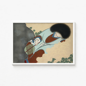 Framed Japanese Woodblock Print Figure Traditional Attire Soft Kamisaka Sekka Art, Translucent Powder-blue Robes, Leans Downward