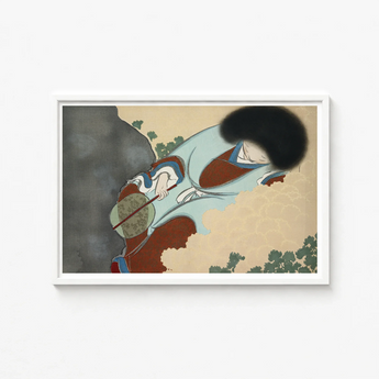 Framed Japanese Ukiyo-e Style Print Woman Traditional Attire Kamisaka Sekka Art, Translucent Powder-blue Robes, Leans Downward