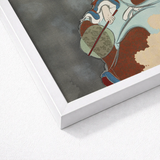 White Framed Artwork Stylized Illustration Figure Traditional Attire Kamisaka Sekka Art, Translucent Powder-blue Robes, Leans Downward