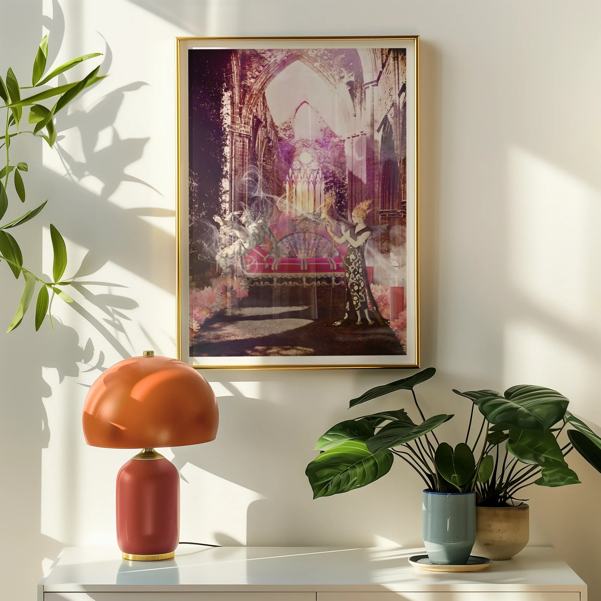 Circe the Phoenix Maker - Greek Myth Witch Art Print, Framed Artwork Dreamy Ethereal Cathedral Interior Purple Pink