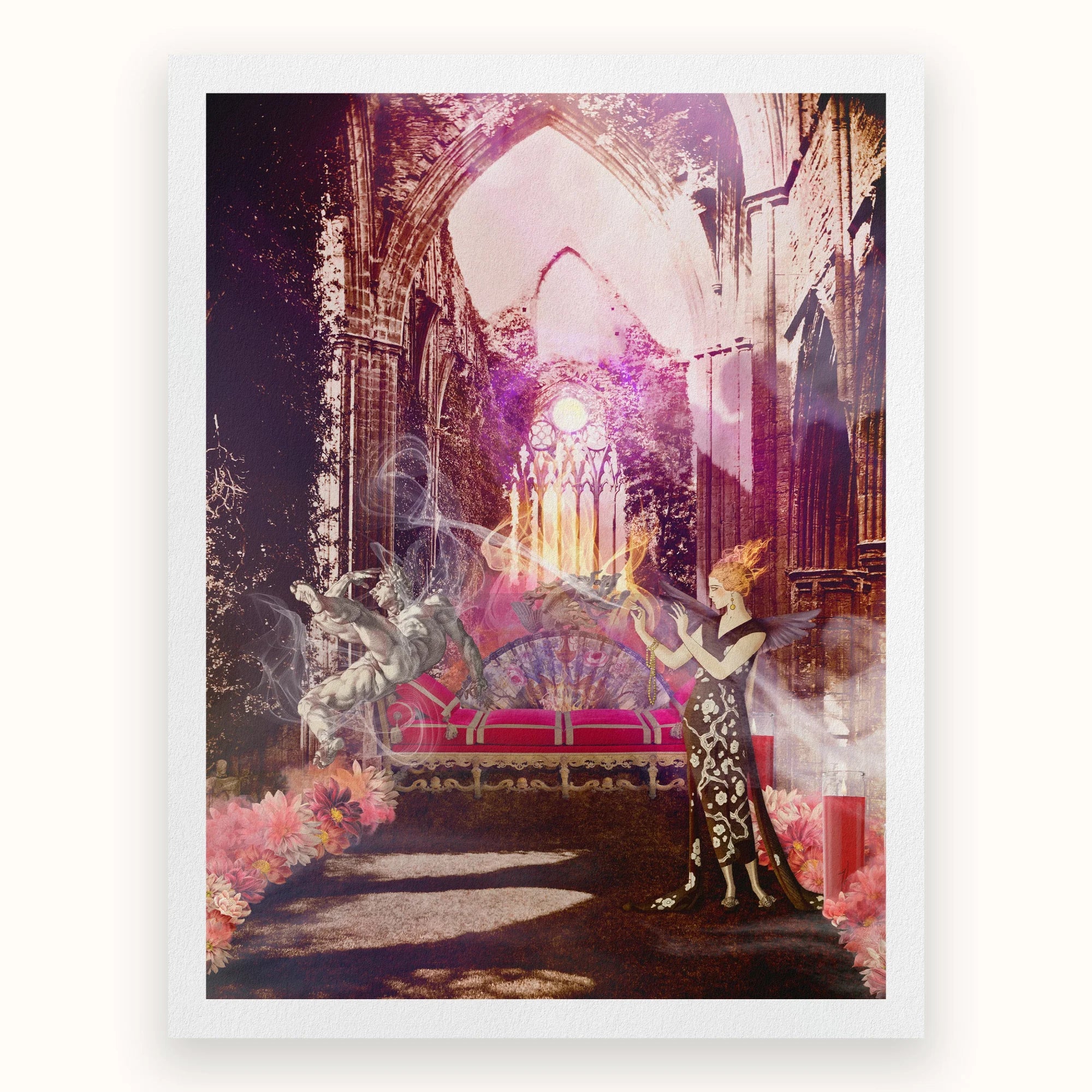 Circe the Phoenix Maker - Greek Myth Witch Art Print, Ornate Pink Sofa Winged Cherub Statues Fantastical Gothic-inspired