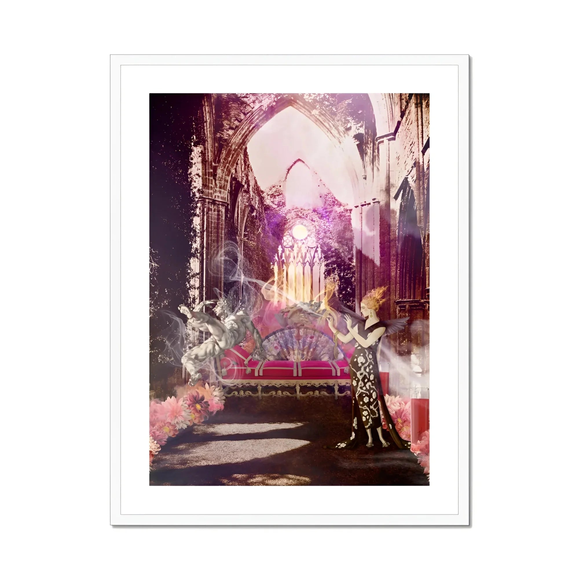 Circe the Phoenix Maker - Greek Myth Witch Art Print, Pink Throne Sits Beneath Ornate Gothic Arch
