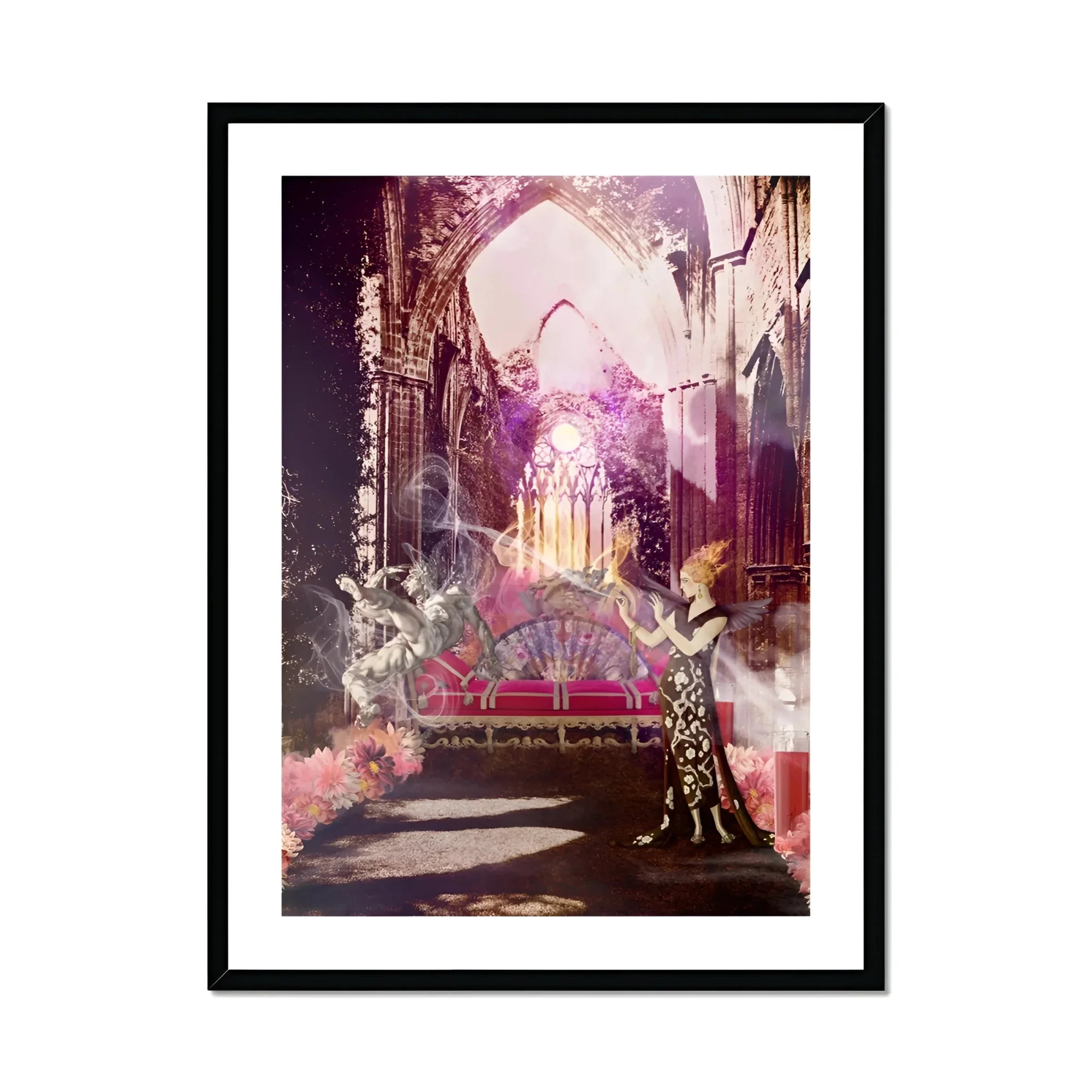 Circe the Phoenix Maker - Greek Myth Witch Art Print, Pink Velvet Throne Sits Beneath Ornate Gothic Arch