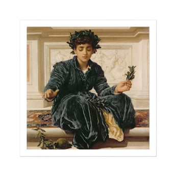 Weaving the Wreath - Frederic Leighton Art Print, Classical Painting Dark Velvet Robe Laurel Wreath Leaves