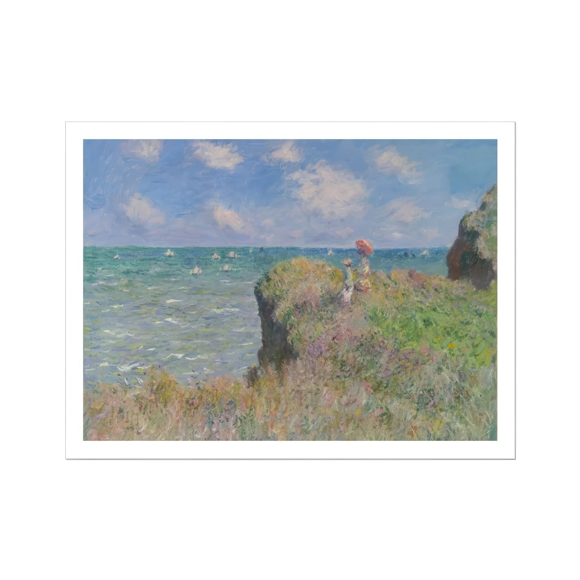 Cliff Walk at Pourville - Claude Monet Normandy Art Print, Impressionist Painting Coastal Cliff Figures Red Parasol Seascape