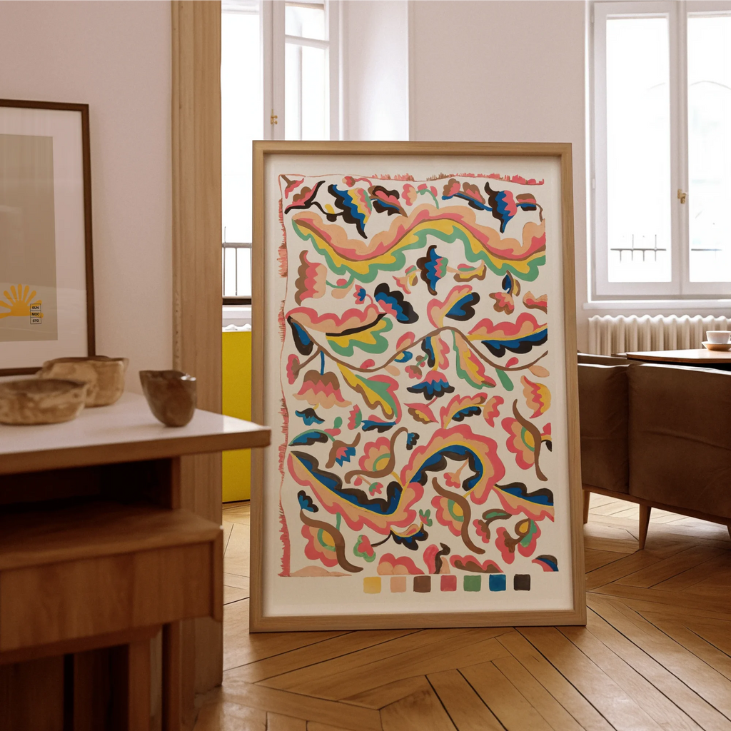 Framed colorful floral artwork inspired by William Morris textile art print with floral pattern