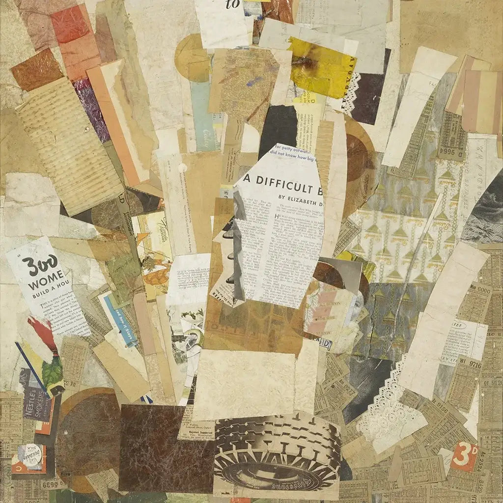 Collage de recortes de papel destacando técnicas de famosos artistas del collage y el movimiento Dada.