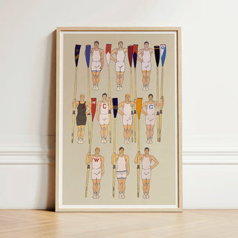 Framed Illustration Team White Uniforms Oars Colorful Flags College Crews, Male Athletic Body, Ten Rowers Stands, Edward Penfield Art,