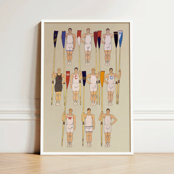 Framed Illustration Stylized Rowers Athletic Attire Oars Colorful College Crews, Male Body, Ten Stands, Edward Penfield Art, Print,