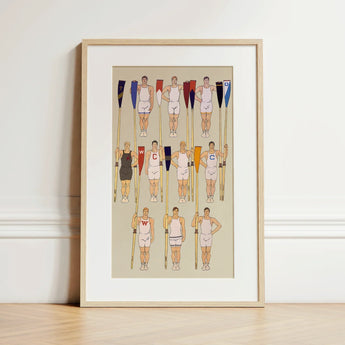 College Crews - Edward Penfield Art Print / Canvas Framed Illustration Team White Uniforms Colorful Oars Set College Crews, Male Athletic