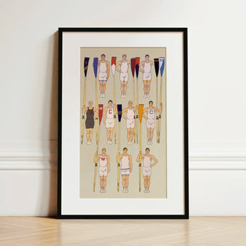 College Crews - Edward Penfield Art Print / Canvas Framed Illustration Team White Uniforms Oars Colorful Flags College Crews, Male Athletic