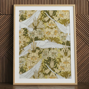 Colombes et Lis - Maurice Pillard Verneuil Art Print / Canvas Framed Art Print White Doves Flight Amidst Pattern Pillard Verneuil, Nouveau