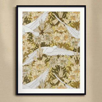 Colombes et Lis - Maurice Pillard Verneuil Art Print, Framed Art Print Floral Bird Pattern Muted Green