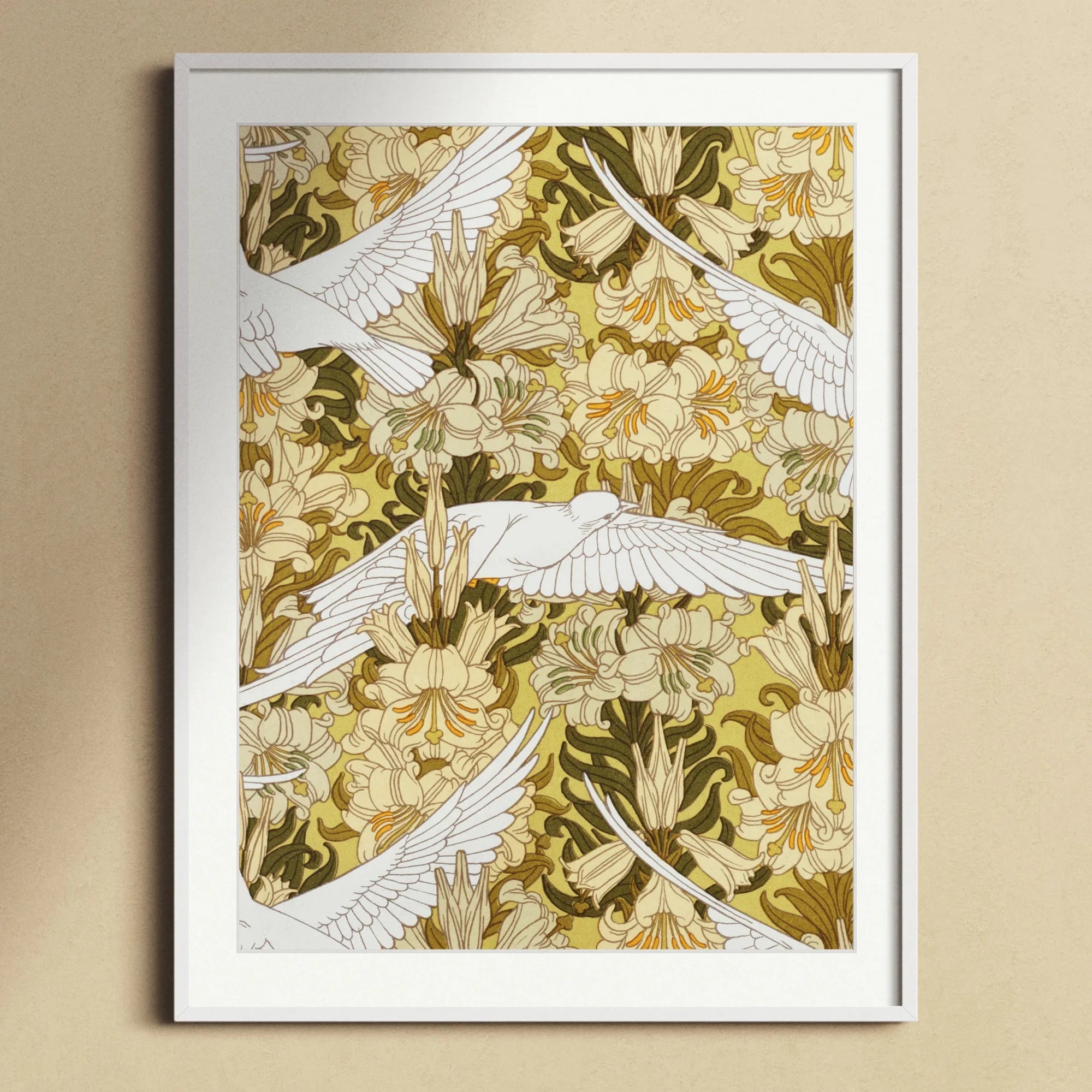 Colombes et Lis - Maurice Pillard Verneuil Art Print, Framed Art Print Floral Pattern White Birds Flight