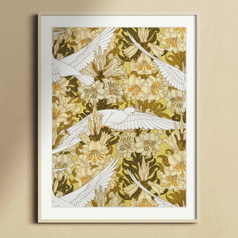 Colombes et Lis - Maurice Pillard Verneuil Art Print, Framed Art Print Floral Pattern White Birds Flight