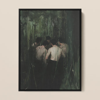 Communion - Secret Gay Gathering Framed Canvas, 12x16’’ / 31x41cm / Black Floating Frame, Framed Painting Figures Dark Overgrown
