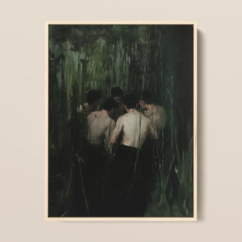 Communion - Secret Gay Gathering Framed Canvas, 12x16’’ / 31x41cm / Natural Floating Frame, Framed Oil Painting Shirtless Men Dark Verdant