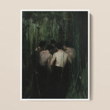 Communion - Secret Gay Gathering Framed Canvas, 12x16’’ / 31x41cm / White Floating Frame, Oil Painting Shirtless Men Dark Overgrown Forest