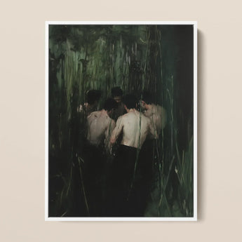 Communion - Secret Gay Gathering Framed Canvas, 12x16’’ / 31x41cm / White Floating Frame, Oil Painting Shirtless Men Dark Overgrown Forest