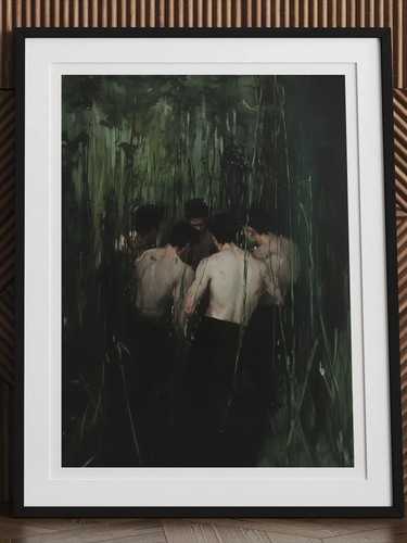 Communion - Secret Gay Orgy Art Print, 12x16’’ / 31x41cm / Black Frame / 2’’ Matboard, Framed Painting Shirtless Figures Dark Green