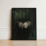 Black-framed Artwork Shirtless Men Dark Green-toned Forest Scene Secret Gay Orgy, Five Figures Coil, Orgyn Art Print