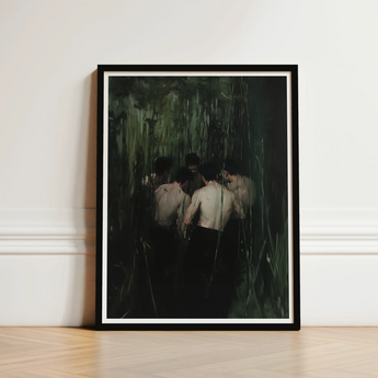 Black-framed Art Print Group Figures Dark Green Black Secret Gay Orgy, Five Coil, Orgyn