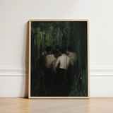Framed Artwork Group Shirtless Men Dark Green Textured Secret Gay Orgy, Five Figures Coil, Orgyn Art Print