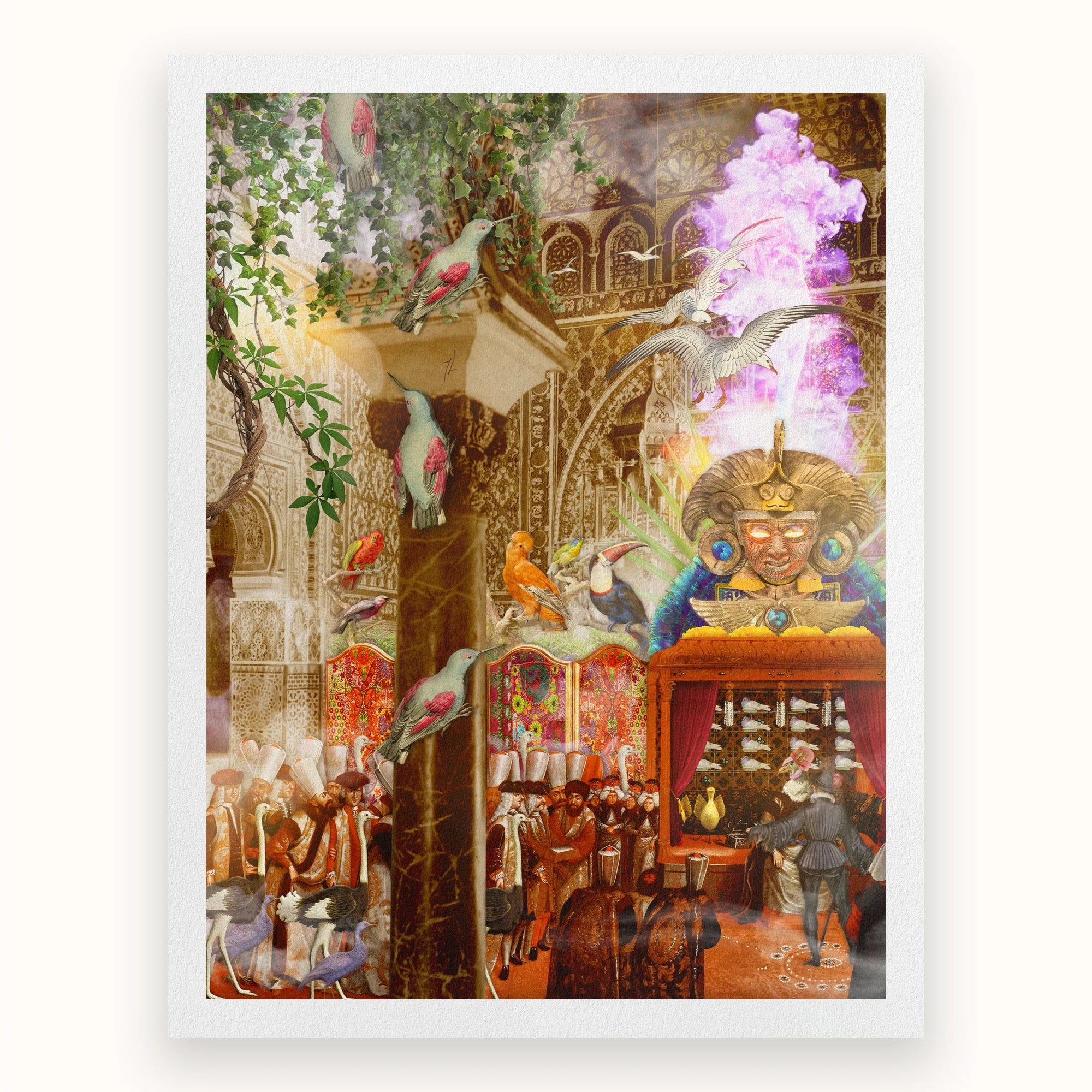 Conference of the Birds - Surreal Bird Collage Art Print, Fantastical Ornate Scene Egyptian Middle Eastern Motifs Exotic