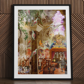 Conference of the Birds - Surreal Bird Collage Art Print Framed Artwork Vibrant Surreal Scene Birds Perched Ornate Bird Collage, Feathered