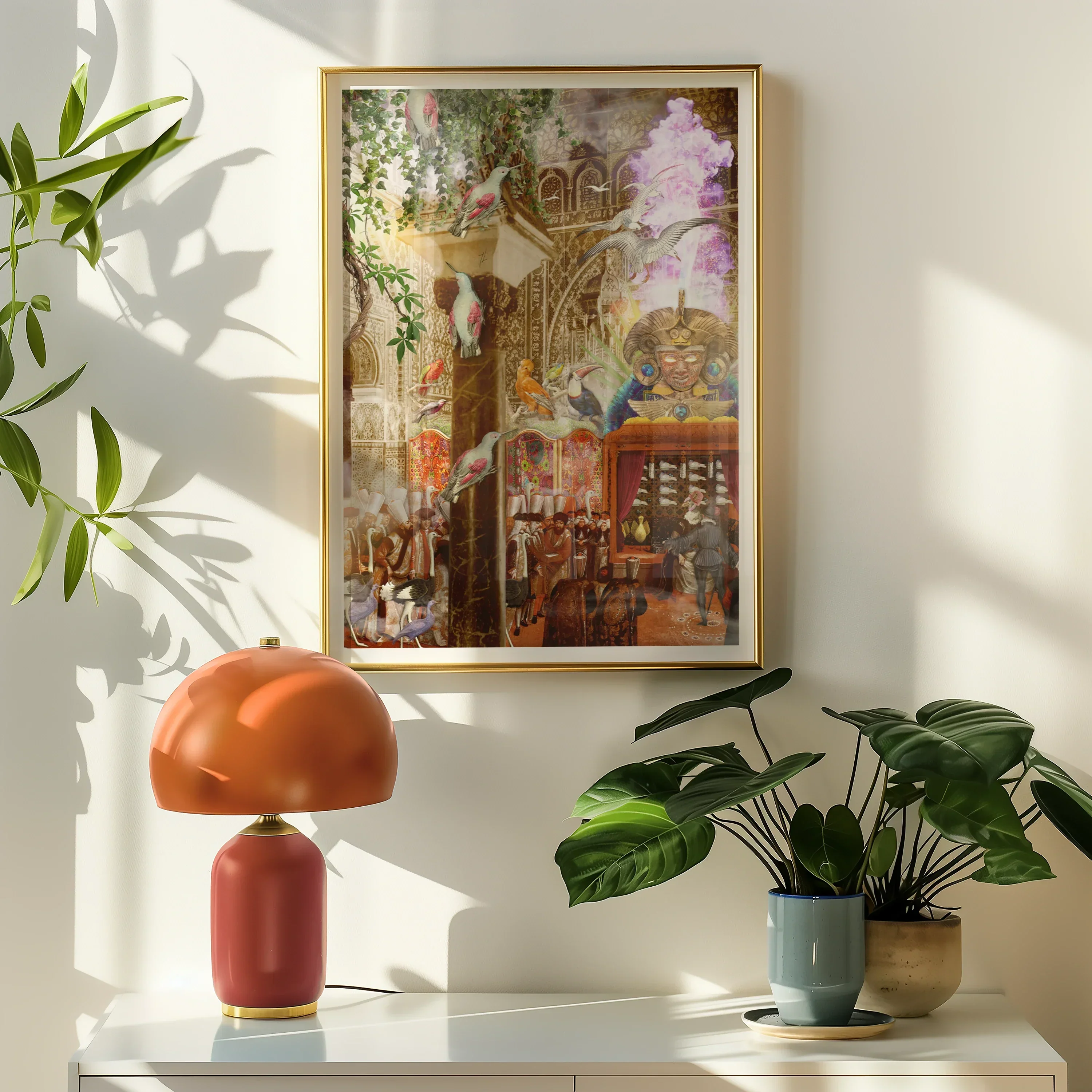 Conference of the Birds Surreal Bird Collage Art Print, Framed Whimsical Artwork Fantastical Interior Scene Magical Elements
