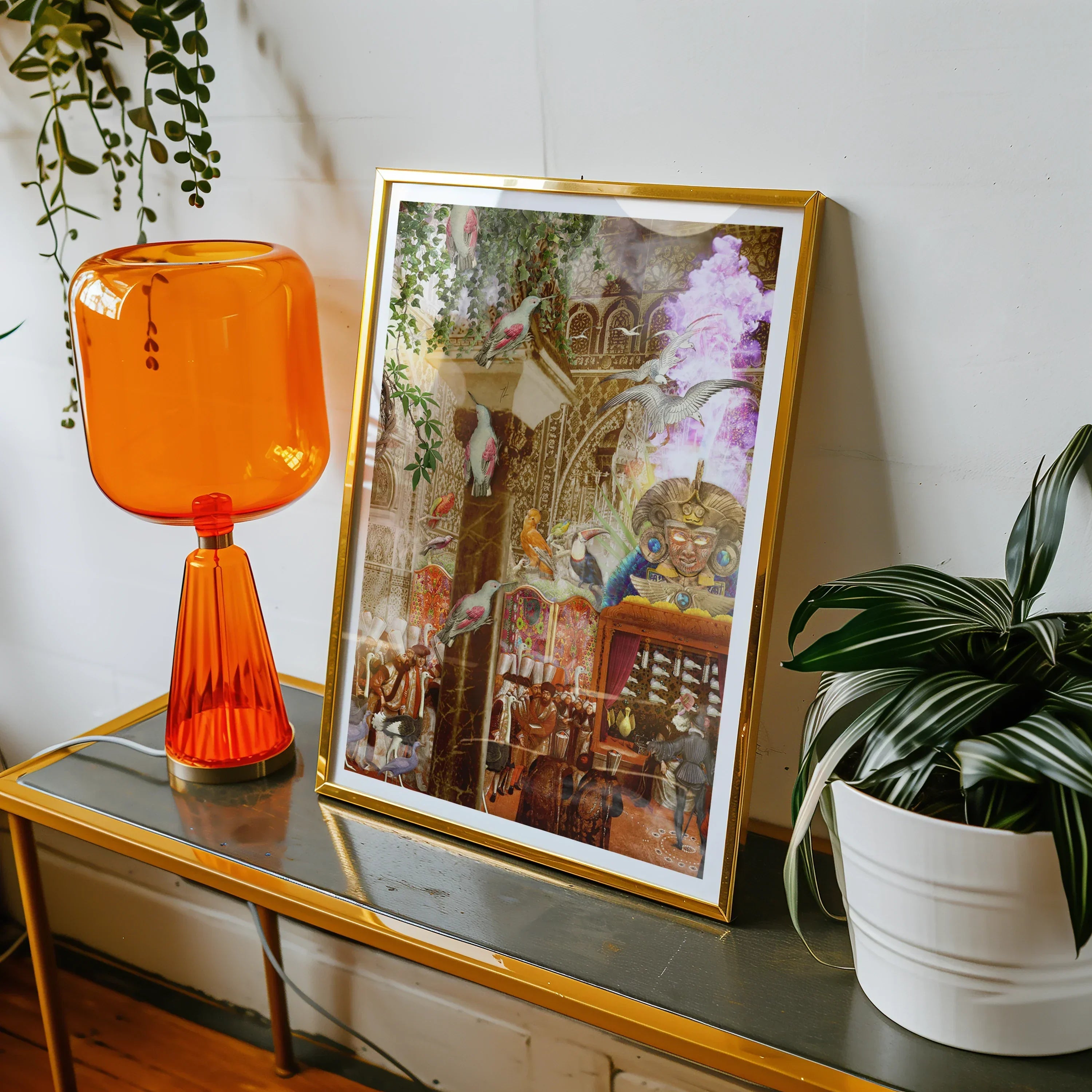 Conference of the Birds Surreal Bird Collage Art Print, Vibrant Orange Table Lamp Flared Glass Shade Slender