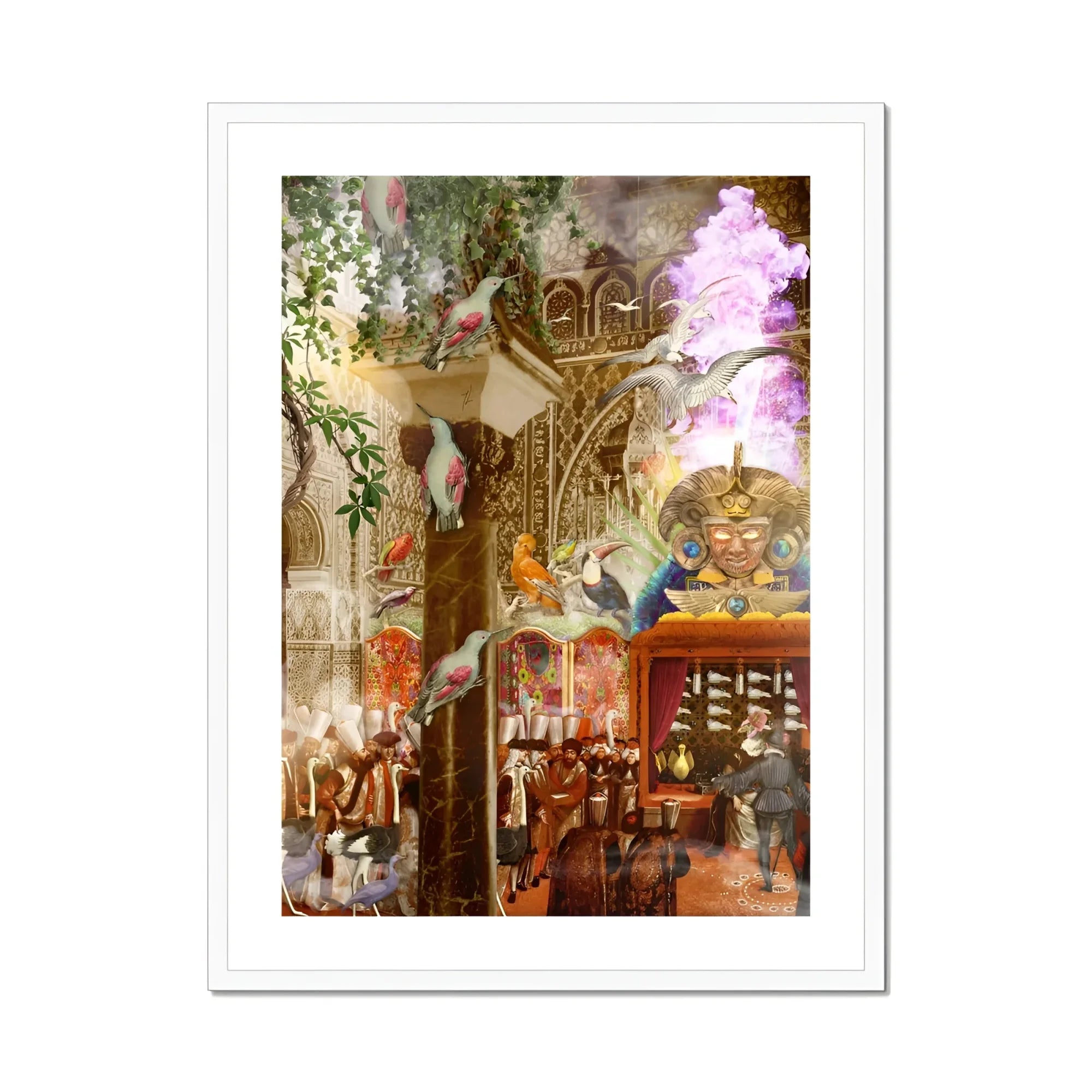 Conference of the Birds - Surreal Bird Collage Art Print, Whimsical Carousel Horse Painted Blue Orange Tones