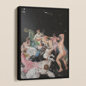 Congregation - Gay Gods Bacchanal Framed Canvas, Vibrant Framed Painting Chaotic Scene Numerous Nude Partially