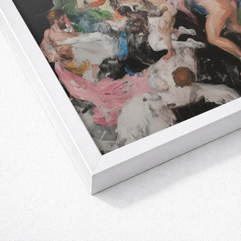 White Framed Artwork Vibrant Impressionistic Painting Figures Dynamic Dionysian Gay Gods, Art Print, Thunderous Joke Shared