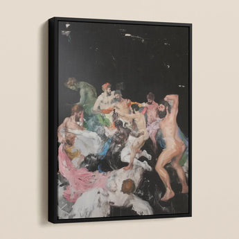 Congregation - Gay Gods Bacchanal Framed Canvas, Vibrant Framed Painting Chaotic Scene Numerous Nude Partially