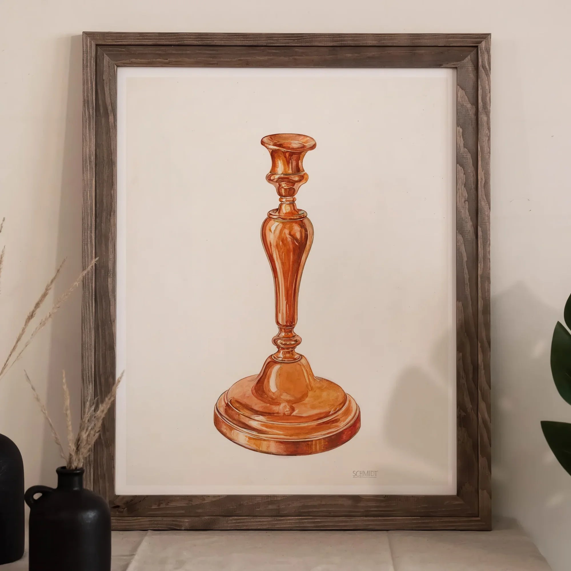 Copper Candlestick - William Schmidt 1930s Art Print, Copper Brass Candlestick Elegant Slender Shape Wide Base