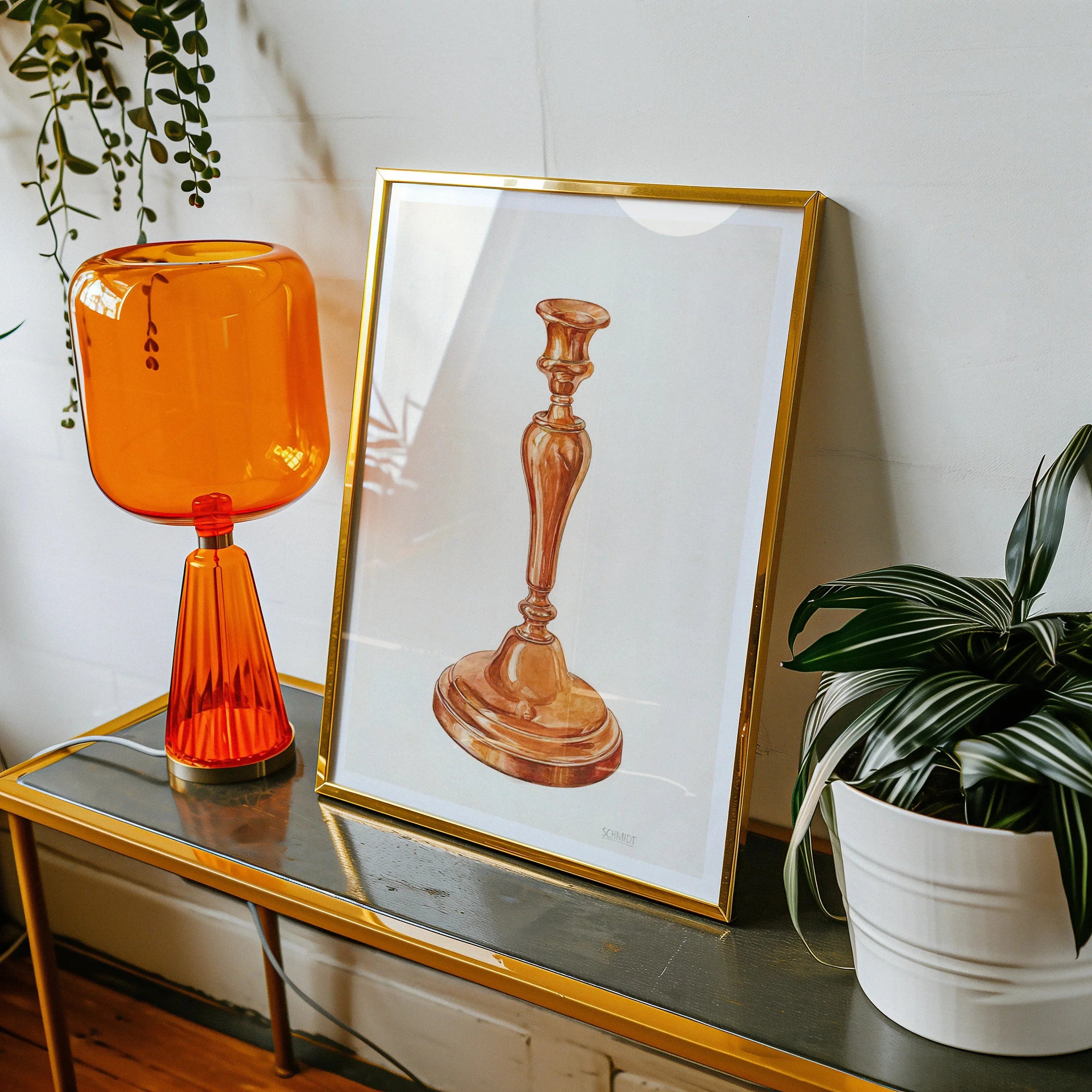 Copper Candlestick William Schmidt 1930s Art Print, Orange Glass Table Lamp Ribbed Base Cylindrical Shade