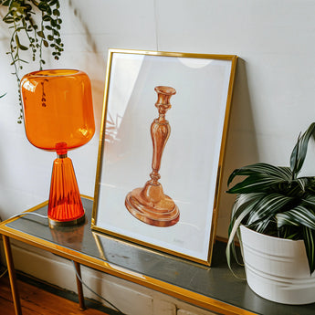 Copper Candlestick - William Schmidt 1930s Art Print, Orange Glass Table Lamp Ribbed Base Cylindrical Shade