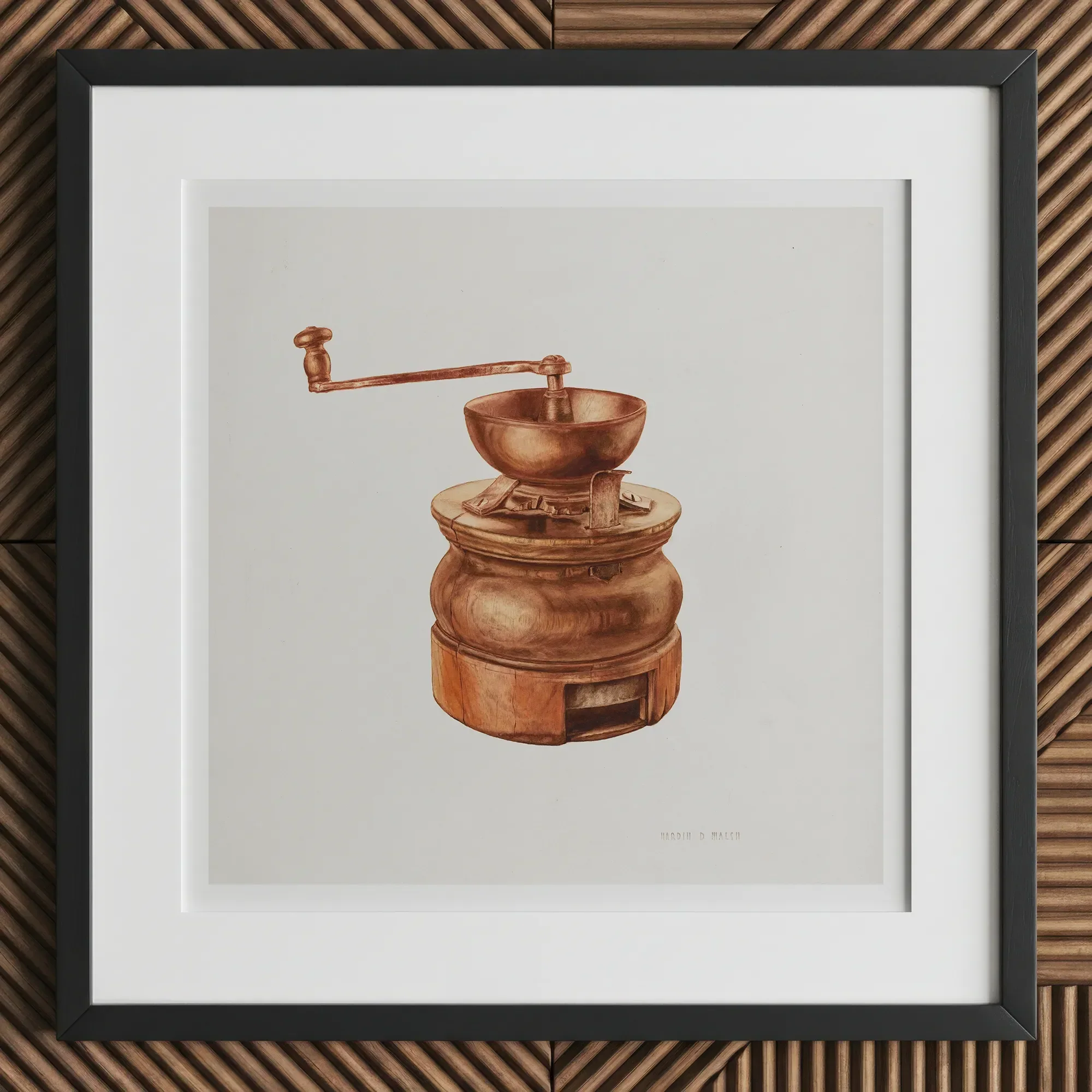 Copper Coffee Grinder - Hardin Walsh 1930s Kitchen Art Print, 12x12’’ / 31x31cm / Black Frame / 2’’ Matboard, Copper-toned Coffee Grinder