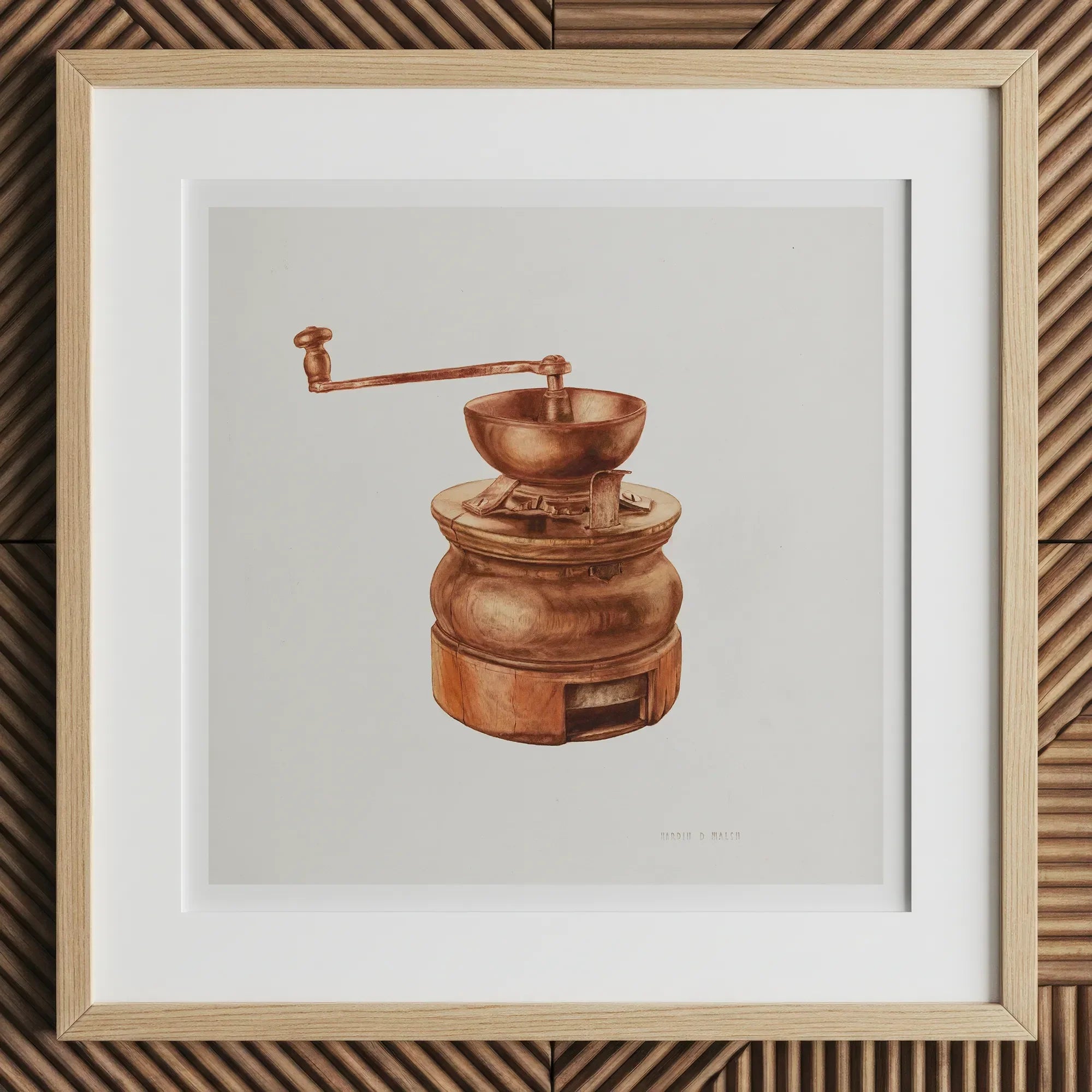 Copper Coffee Grinder - Hardin Walsh 1930s Kitchen Art Print, 12x12’’ / 31x31cm / Natural Frame / 2’’ Matboard, Framed Watercolor Painting