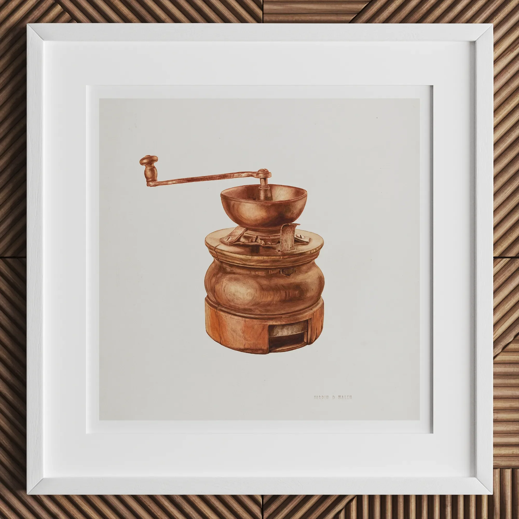 Copper Coffee Grinder - Hardin Walsh 1930s Kitchen Art Print, 12x12’’ / 31x31cm / White Frame, Framed Print Antique Copper Coffee Grinder