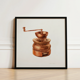 Framed Watercolor Illustration Vintage Copper Coffee Grinder Hand Hardin Walsh’s 1930s, Kitchen Art