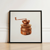 Framed Watercolor Illustration Vintage Copper Coffee Grinder Hand Hardin Walsh’s 1930s, Kitchen Art