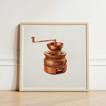 Framed Watercolor Illustration Vintage Copper Coffee Grinder Hand-crank Hardin Walsh’s 1930s, Kitchen Art