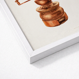 Vintage-style Copper Coffee Grinder Depicted Watercolor Illustration Framed Hardin Walsh’s 1930s, Kitchen Art