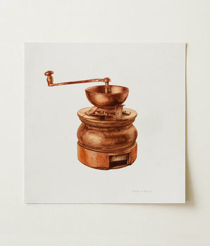 Watercolor Illustration Vintage Copper Coffee Grinder Hand Crank Hardin Walsh’s 1930s, Kitchen Art